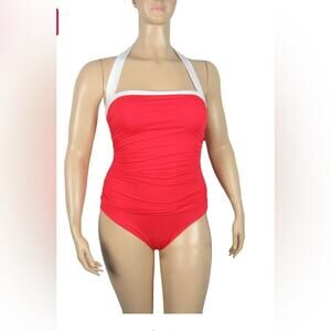Ralph Lauren Tummy Control Ruched Halter One-Piece Swimsuit Red Size 10! 🔥
